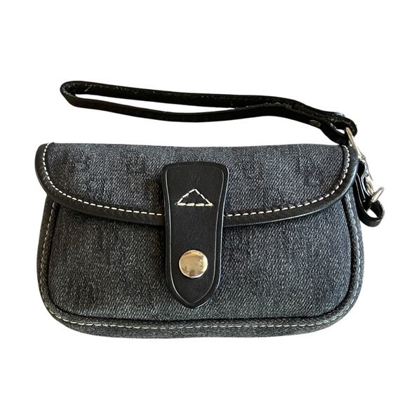 Dooney & Bourke Handbags - DOONEY & BOURKE Black Silver DB Logo Canvas Leather Trim Snap Clutch Wristlet